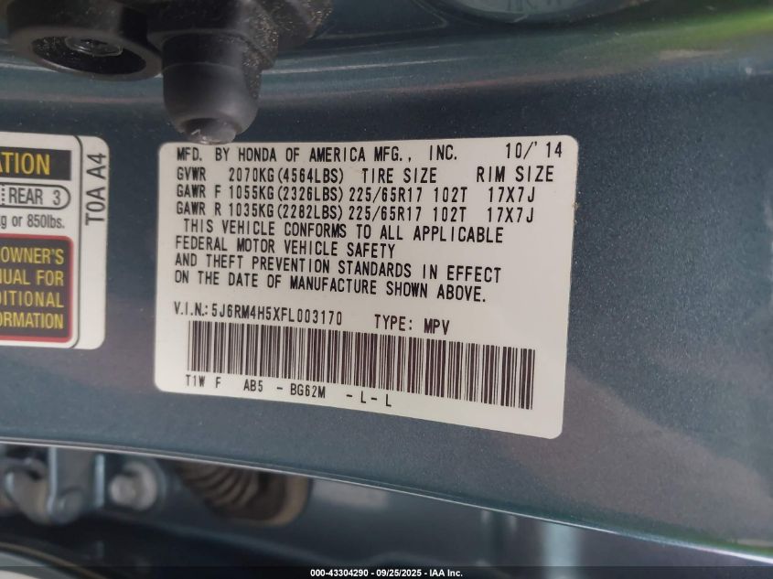 2015 Honda Cr-V Ex VIN: 5J6RM4H5XFL003170 Lot: 43304290