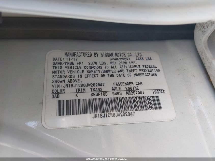 2018 Nissan Rogue Sport Sl VIN: JN1BJ1CR8JW202947 Lot: 43304295