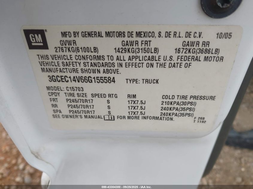 2006 Chevrolet Silverado 1500 Lt1 VIN: 3GCEC14V66G155584 Lot: 43304300
