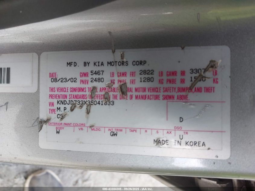 2003 Kia Sorento Ex/Lx VIN: KNDJD733X35041833 Lot: 43304305