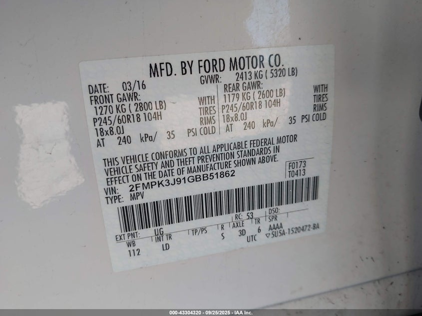 2FMPK3J91GBB51862 2016 FORD EDGE photo no. 9