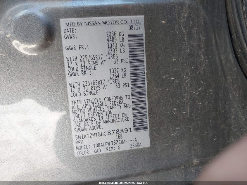 2017 Nissan Rogue S VIN: 5N1AT2MT8HC878891 Lot: 43304348