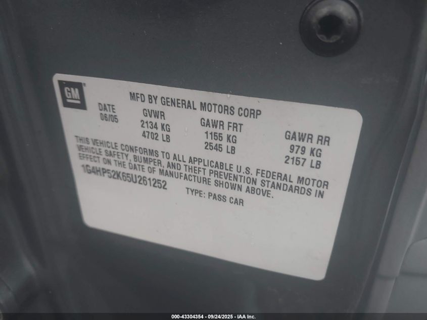 2005 Buick Lesabre Custom VIN: 1G4HP52K65U261252 Lot: 43304354