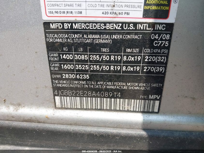 2008 Mercedes-Benz Ml 320 Cdi 4Matic VIN: 4JGBB22E28A408914 Lot: 43304355