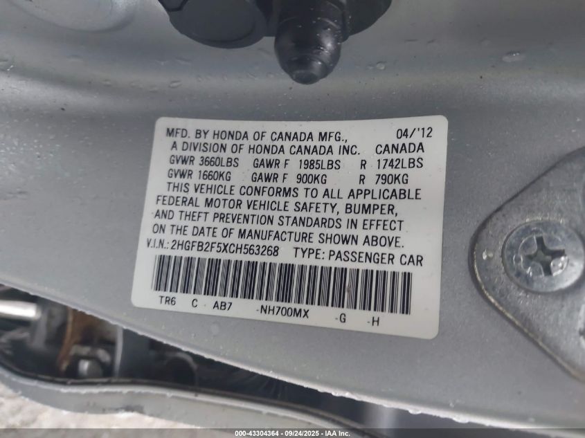 2012 Honda Civic Lx VIN: 2HGFB2F5XCH563268 Lot: 43304364