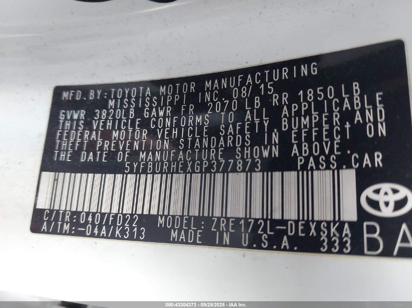 2016 Toyota Corolla S Plus VIN: 5YFBURHEXGP377873 Lot: 43304373