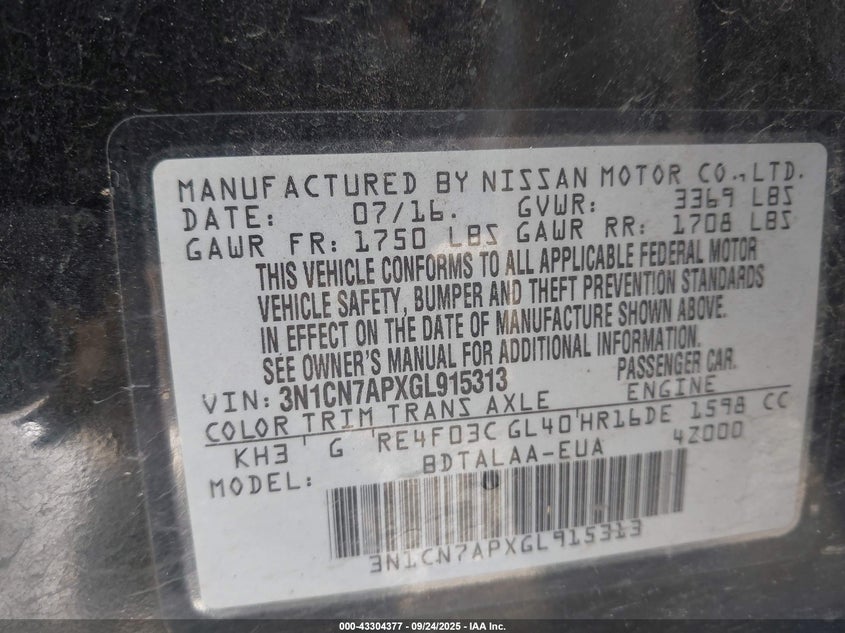 2016 NISSAN VERSA 1.6 S - 3N1CN7APXGL915313