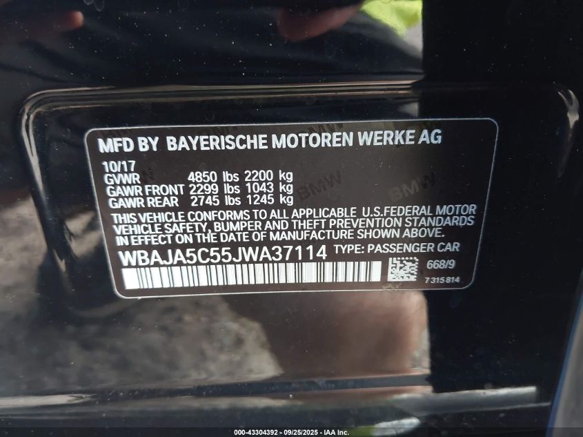 2018 BMW 530I VIN: WBAJA5C55JWA37114 Lot: 43304392
