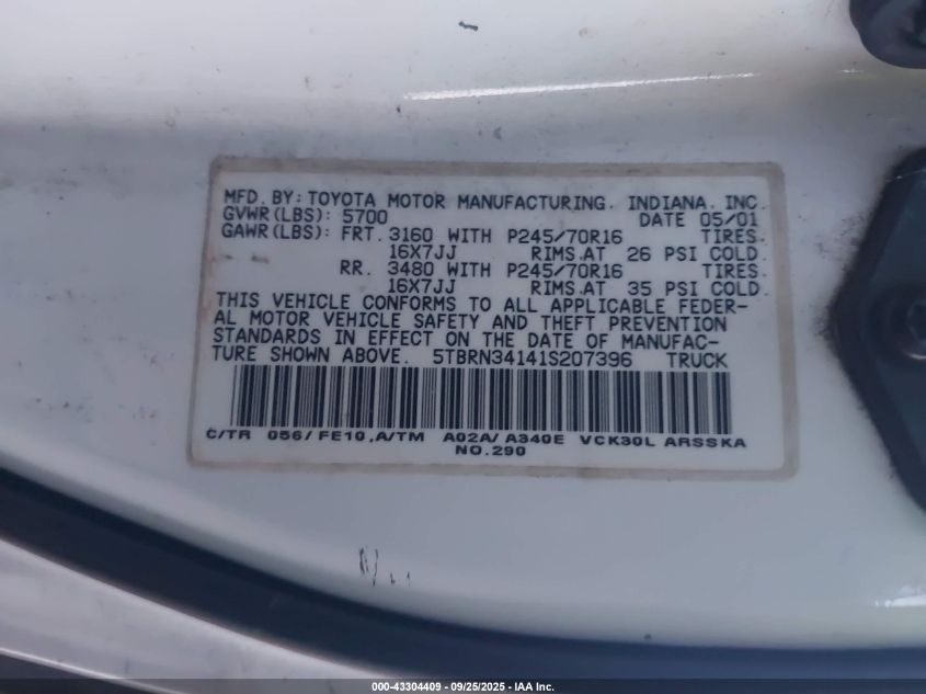 2001 Toyota Tundra Sr5 VIN: 5TBRN34141S207396 Lot: 43304409