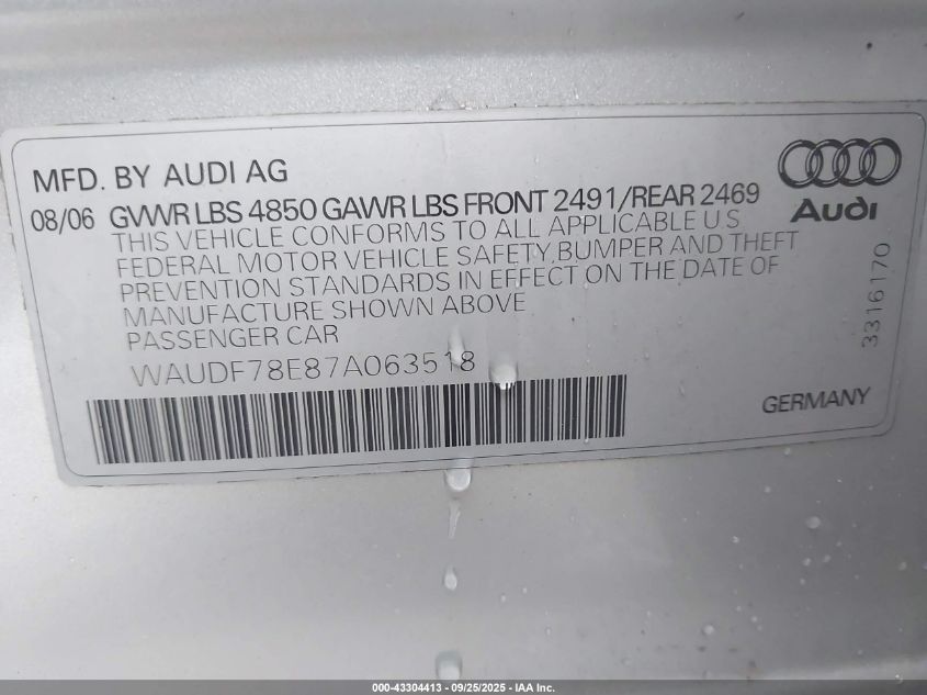 2007 Audi A4 2.0T VIN: WAUDF78E87A063518 Lot: 43304413