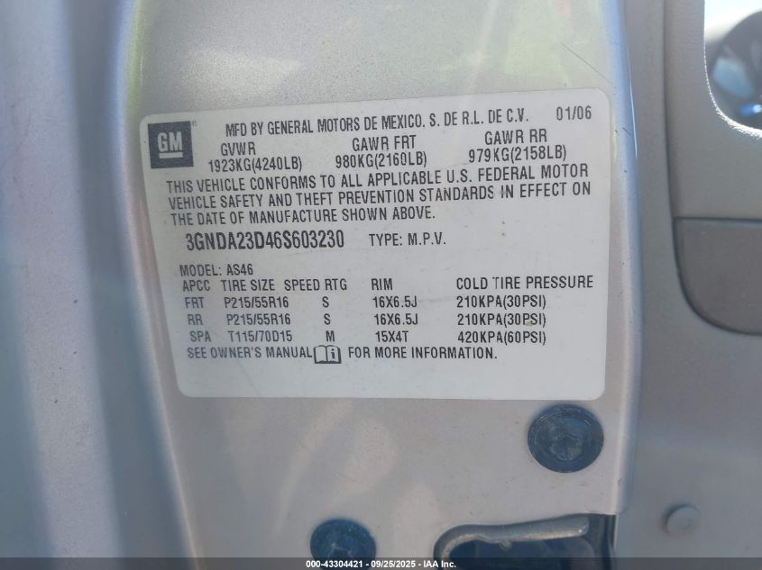 2006 Chevrolet Hhr Lt VIN: 3GNDA23D46S603230 Lot: 43304421
