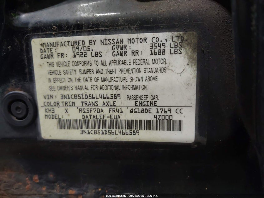 2006 Nissan Sentra 1.8S VIN: 3N1CB51D56L466589 Lot: 43304425