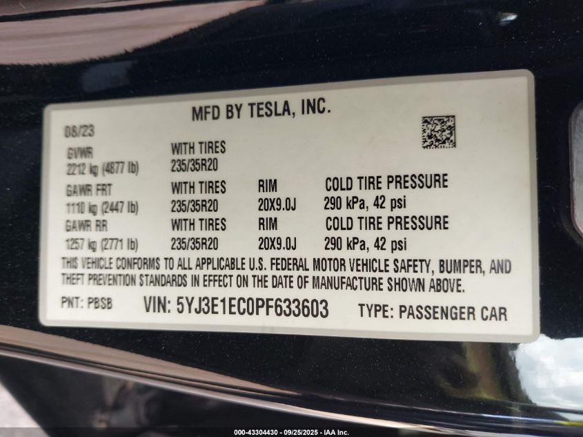 2023 Tesla Model 3 Performance Dual Motor All-Wheel Drive VIN: 5YJ3E1EC0PF633603 Lot: 43304430