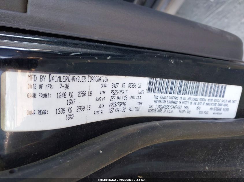 2000 Jeep Grand Cherokee Laredo VIN: 1J4GW48S5YC407407 Lot: 43304441