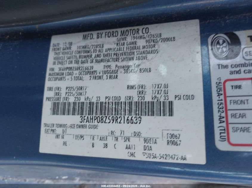 2009 Ford Fusion Sel VIN: 3FAHP08Z59R216639 Lot: 43304453