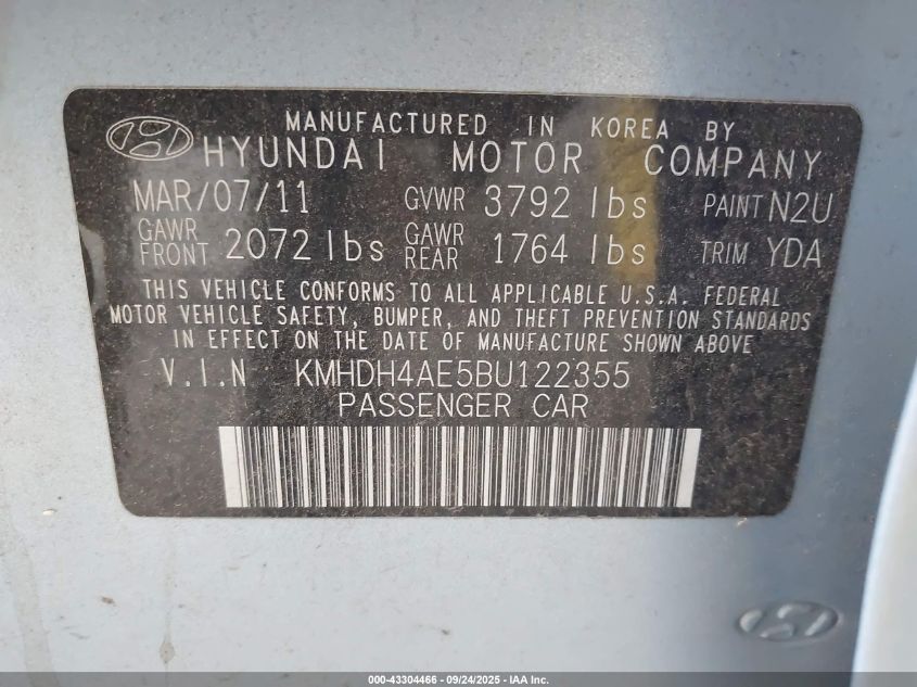2011 Hyundai Elantra Gls (Ulsan Plant) VIN: KMHDH4AE5BU122355 Lot: 43304466