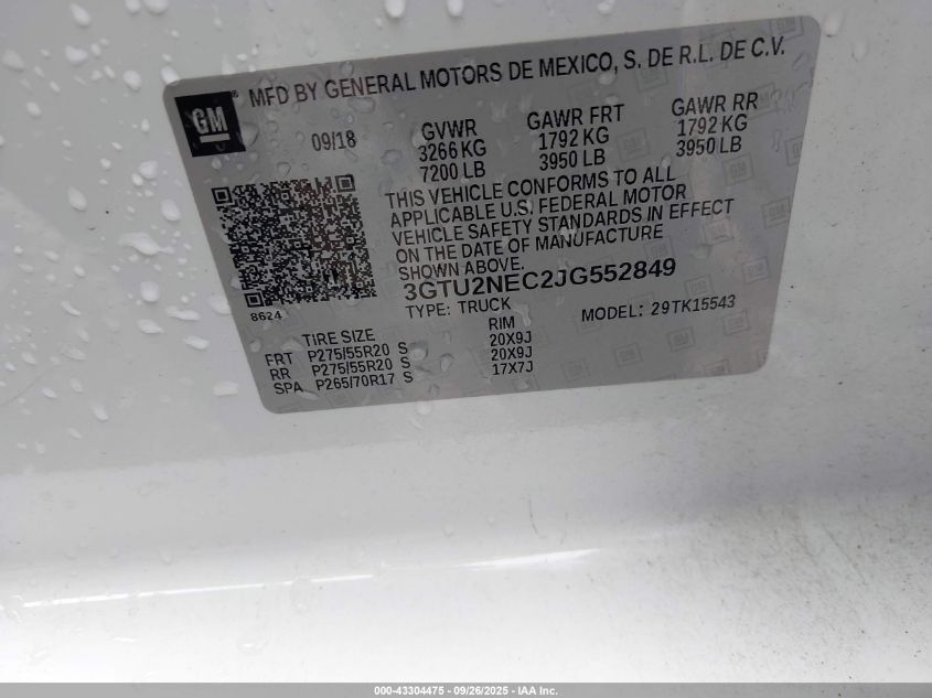 2018 GMC Sierra 1500 Slt VIN: 3GTU2NEC2JG552849 Lot: 43304475