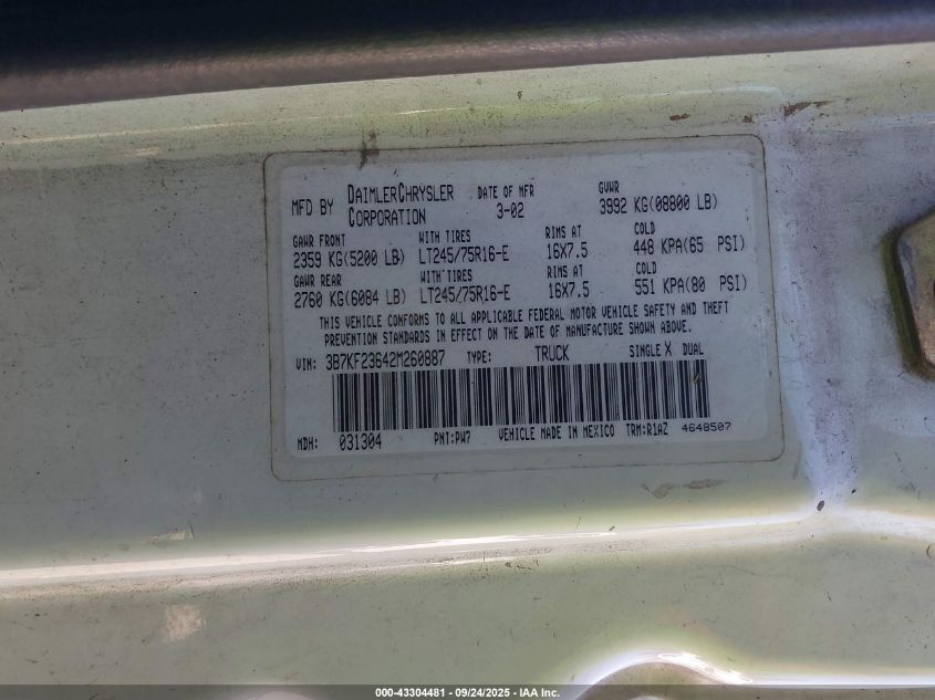 2002 Dodge Ram 2500 Slt/St VIN: 3B7KF23642M260887 Lot: 43304481