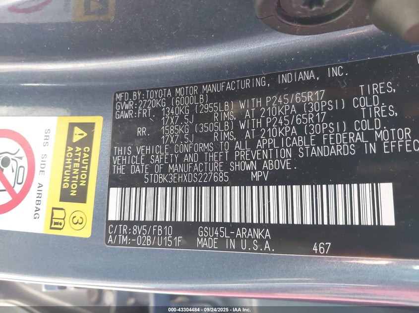 2013 TOYOTA HIGHLANDER BASE V6 5TDBK3EHXDS227685