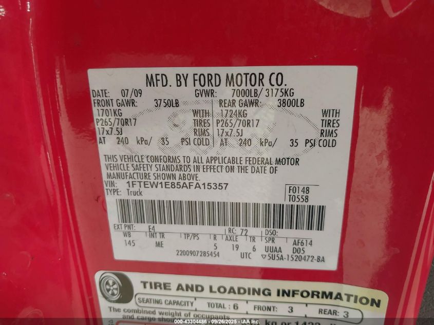 2010 Ford F-150 Xl/Xlt VIN: 1FTEW1E85AFA15357 Lot: 43304486