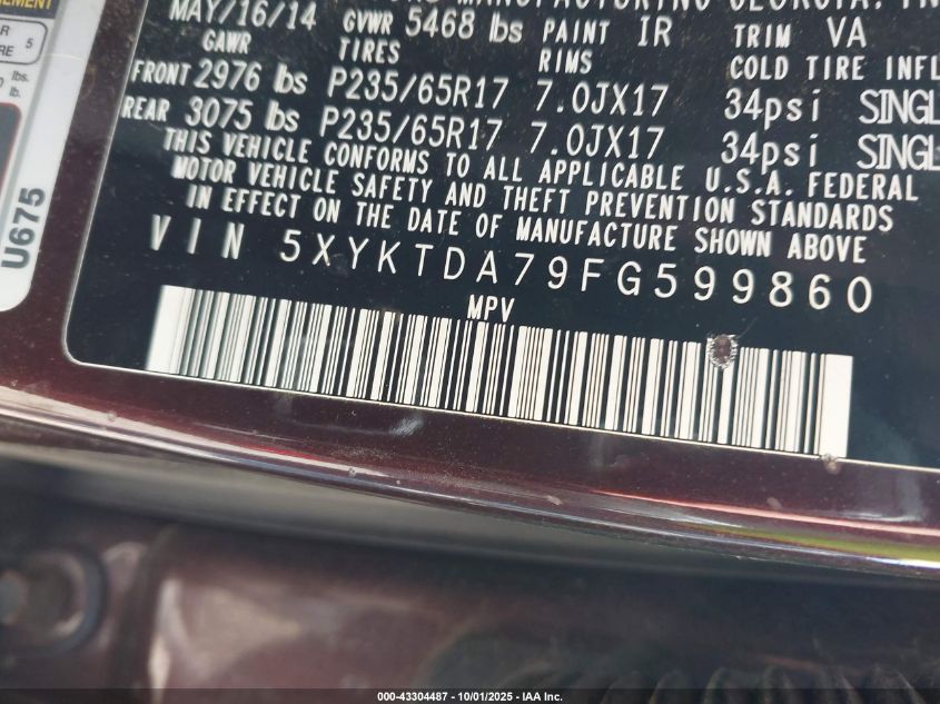 2015 Kia Sorento Lx V6 VIN: 5XYKTDA79FG599860 Lot: 43304487