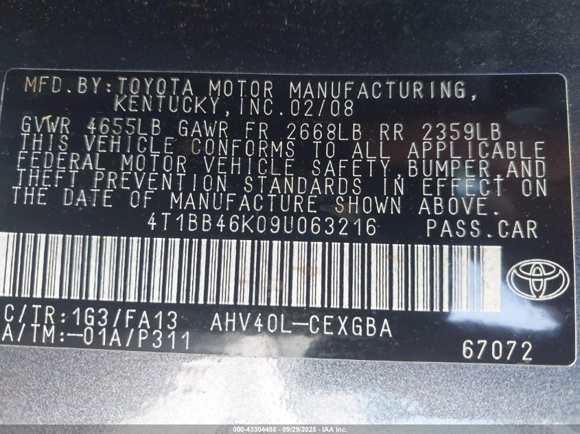 2009 Toyota Camry Hybrid VIN: 4T1BB46K09U063216 Lot: 43304488