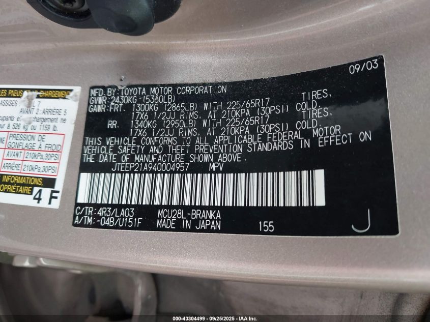 2004 Toyota Highlander Limited V6 VIN: JTEEP21A940004957 Lot: 43304499