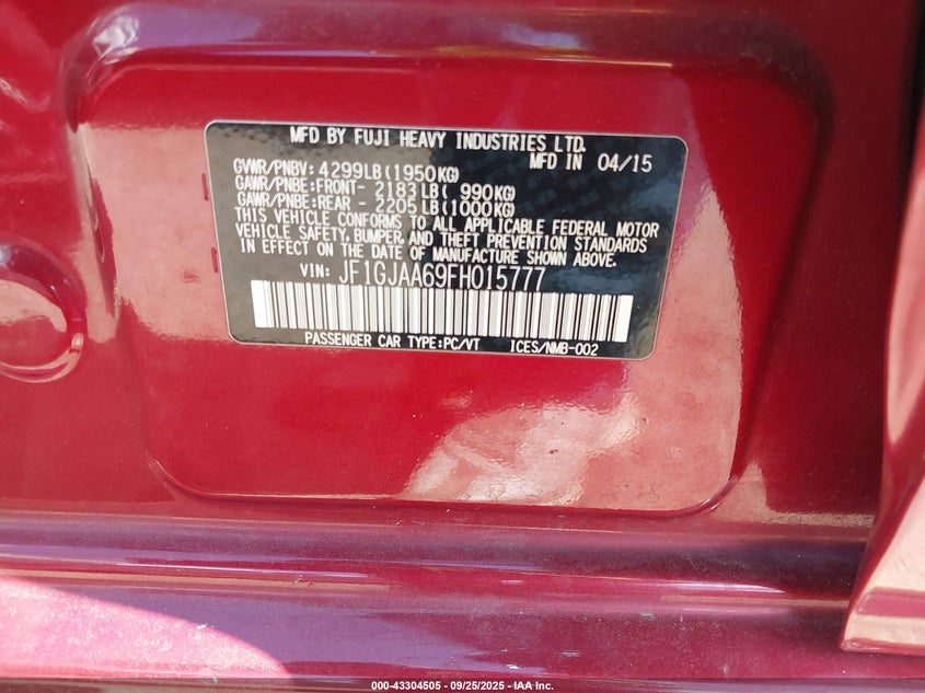 2015 SUBARU IMPREZA 2.0I JF1GJAA69FH015777