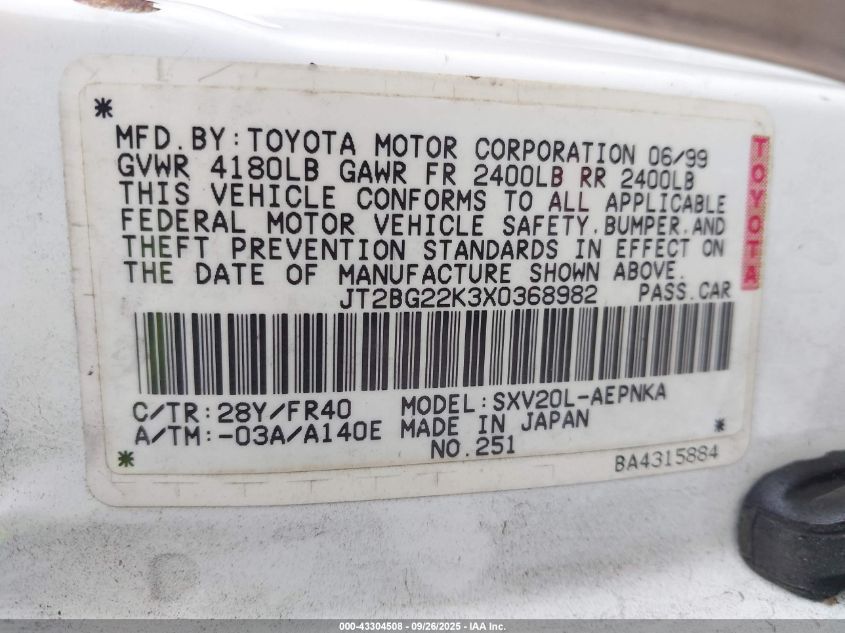 1999 Toyota Camry Le VIN: JT2BG22K3X0368982 Lot: 43304508