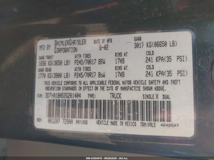 2002 Dodge Ram 1500 St VIN: 3D7HA18N52G201404 Lot: 43304516