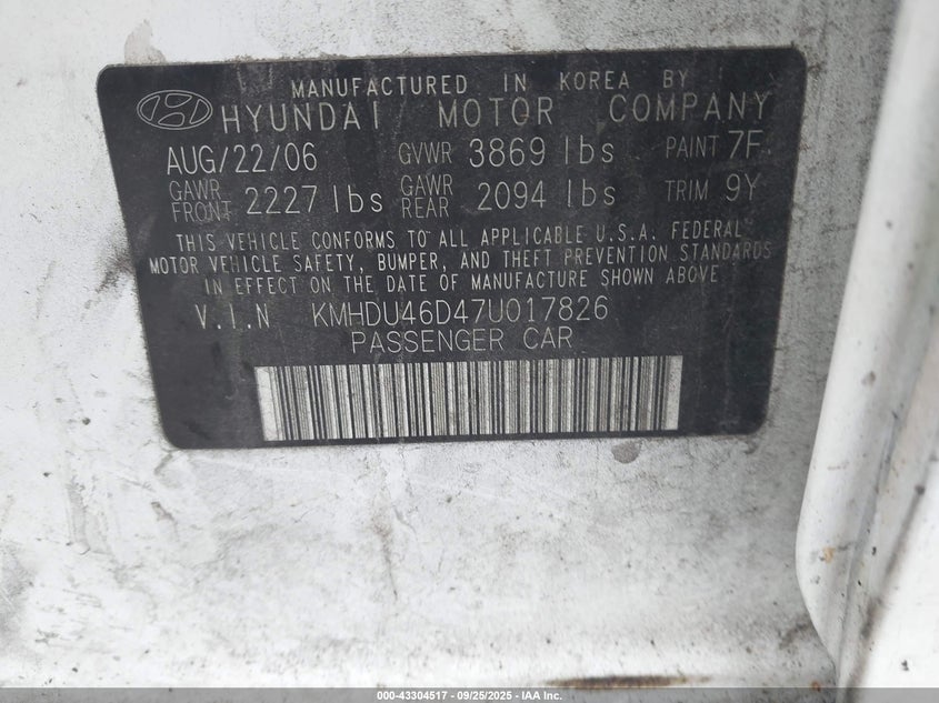 KMHDU46D47U017826 2007 HYUNDAI ELANTRA photo no. 9