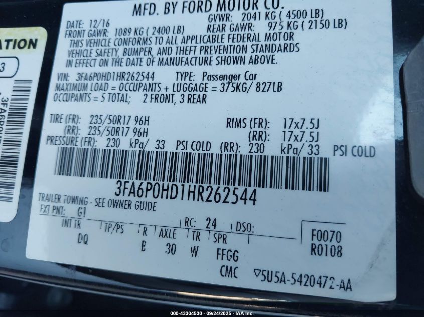 2017 Ford Fusion Se VIN: 3FA6P0HD1HR262544 Lot: 43304530