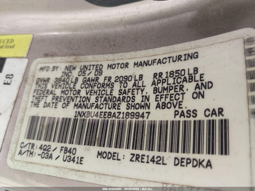 2010 Toyota Corolla VIN: 1NXBU4EE8AZ189947 Lot: 43304560