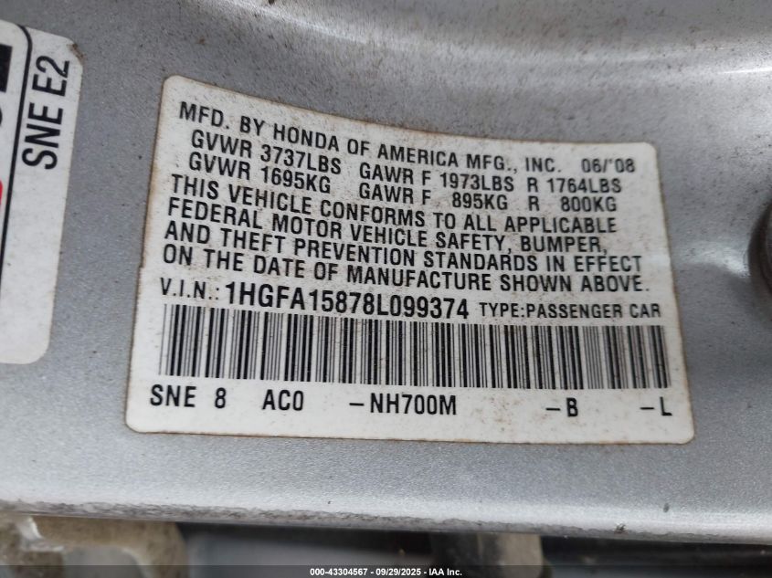 2008 Honda Civic Ex VIN: 1HGFA15878L099374 Lot: 43304567