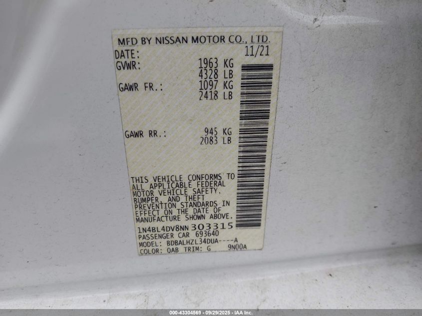 2022 Nissan Altima Sv Fwd VIN: 1N4BL4DV8NN303315 Lot: 43304569