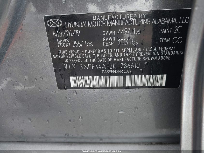 2019 Hyundai Sonata Sel VIN: 5NPE34AF2KH786610 Lot: 43304575