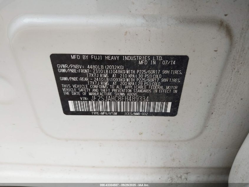 2015 Subaru Forester 2.5I Limited VIN: JF2SJAHC8FH489334 Lot: 43304587