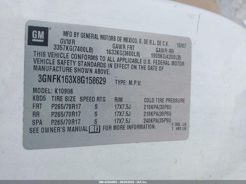 2007 Chevrolet Suburban 1500 Ltz VIN: 3GNFK163X7G288232 Lot: 43304593