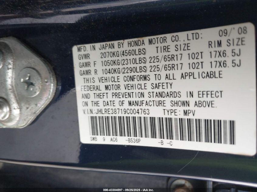 2009 Honda Cr-V Ex-L VIN: JHLRE38719C004763 Lot: 43304597