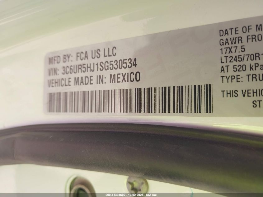2025 Ram 2500 Tradesman 4X4 8' Box VIN: 3C6UR5HJ1SG530534 Lot: 43304602