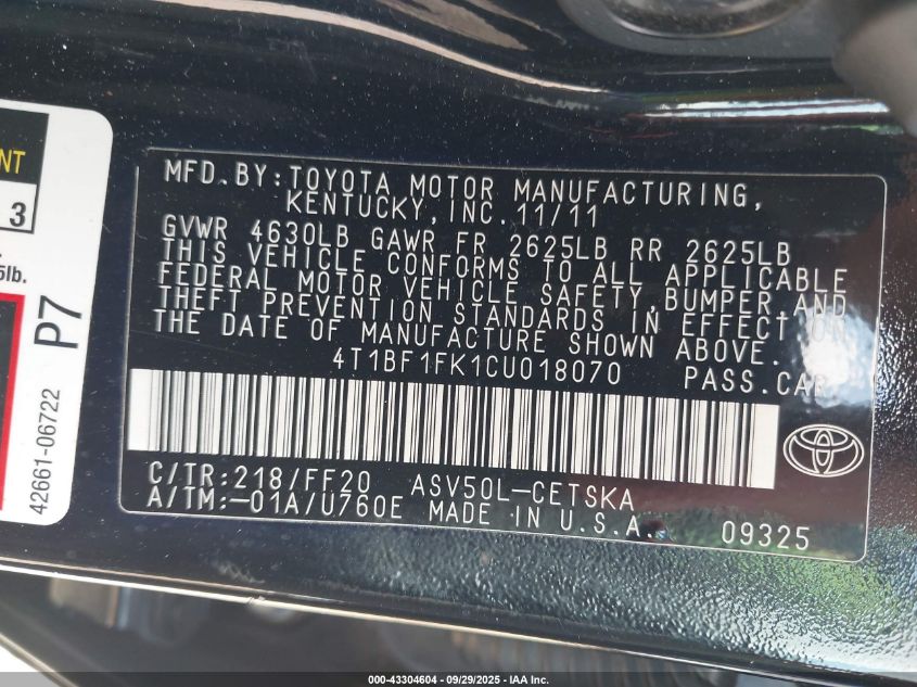 2012 Toyota Camry Se/Le/Xle VIN: 4T1BF1FK1CU018070 Lot: 43304604