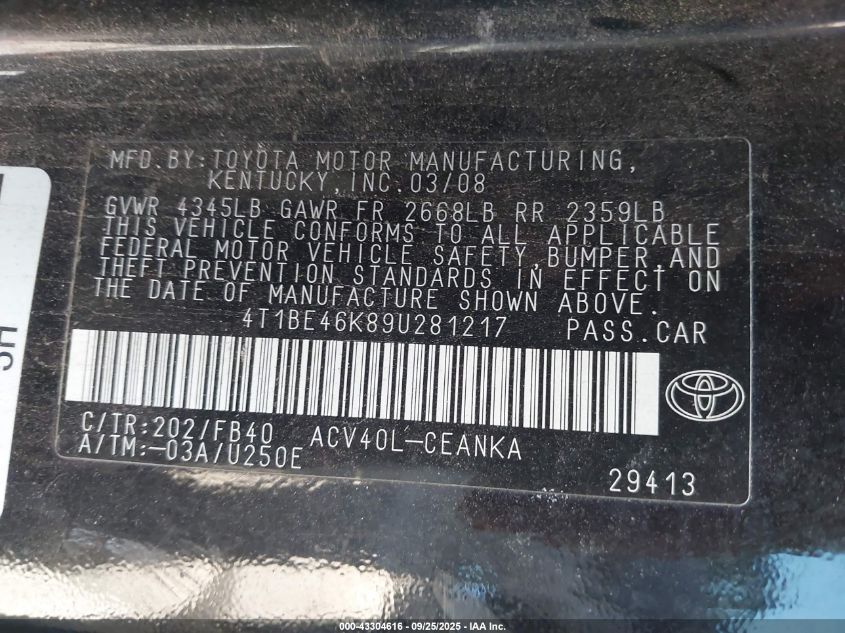 2009 Toyota Camry Le VIN: 4T1BE46K89U281217 Lot: 43304616