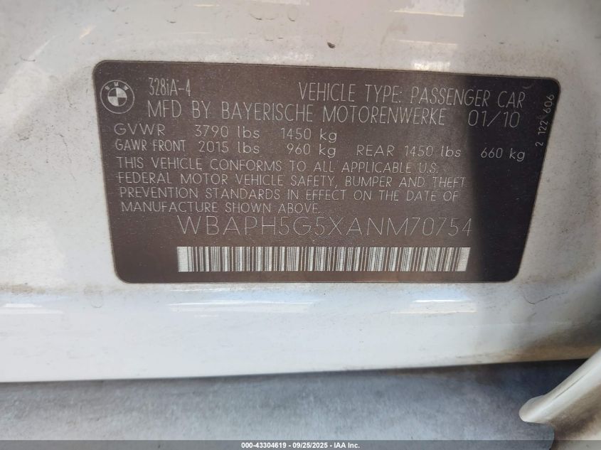 2010 BMW 328I VIN: WBAPH5G5XANM70754 Lot: 43304619