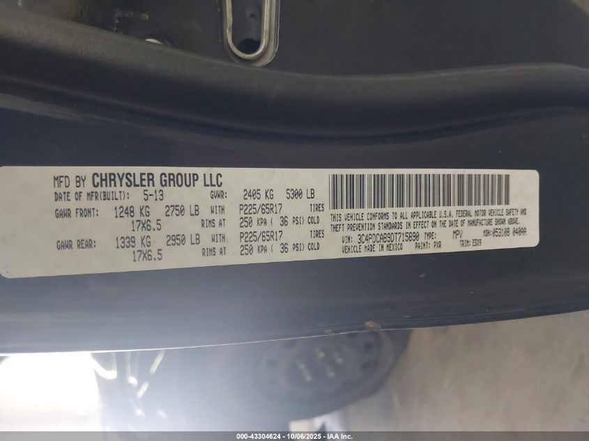 2013 Dodge Journey American Value Pkg VIN: 3C4PDCAB9DT715890 Lot: 43304624