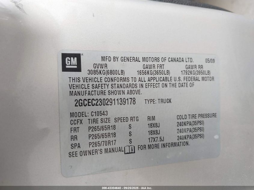 2009 Chevrolet Silverado 1500 Lt VIN: 2GCEC230291139178 Lot: 43304640