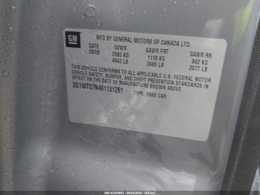 2009 Chevrolet Impala Lt VIN: 2G1WT57N491131281 Lot: 43304653