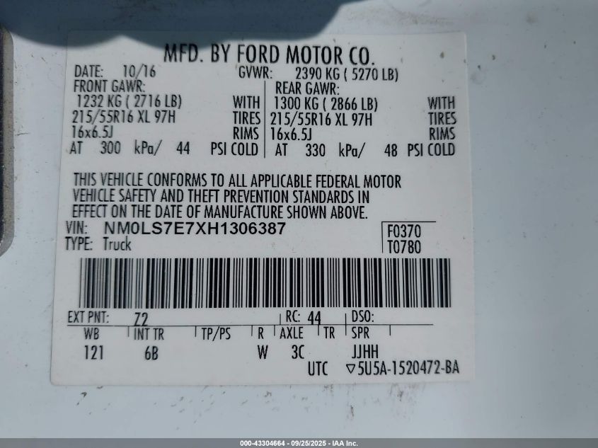 2017 Ford Transit Connect Xl VIN: NM0LS7E7XH1306387 Lot: 43304664