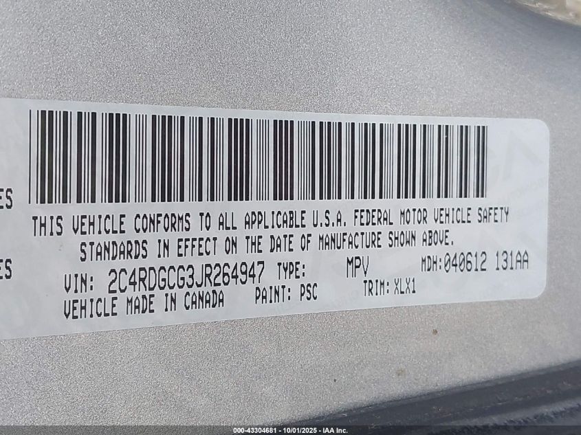 2018 Dodge Grand Caravan Sxt VIN: 2C4RDGCG3JR264947 Lot: 43304681