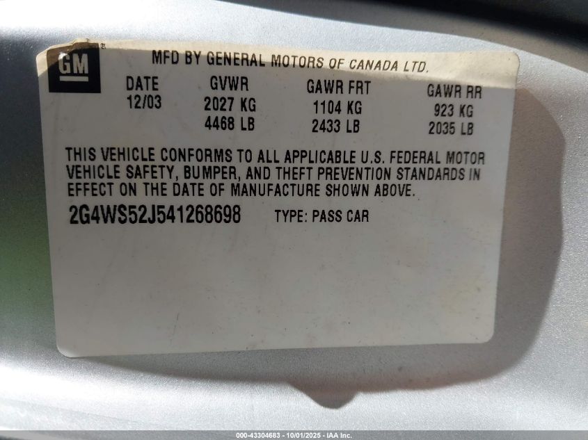 2004 Buick Century VIN: 2G4WS52J541268698 Lot: 43304683