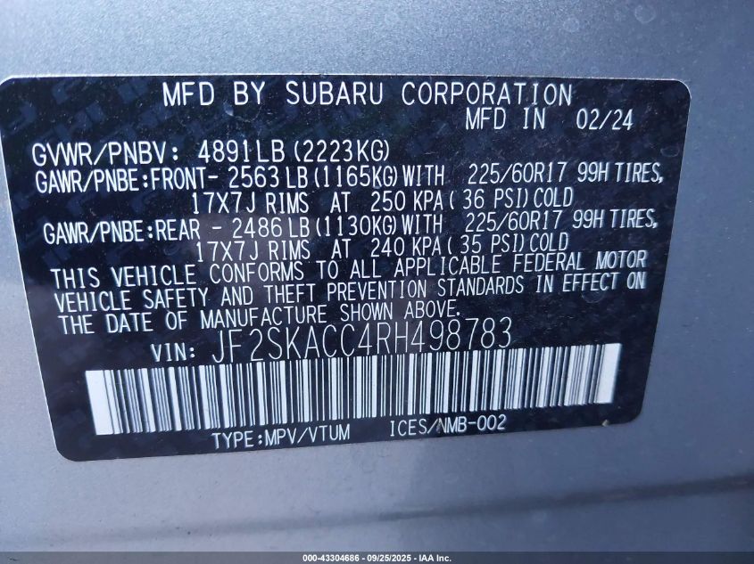 2024 Subaru Forester Premium VIN: JF2SKACC4RH498783 Lot: 43304686